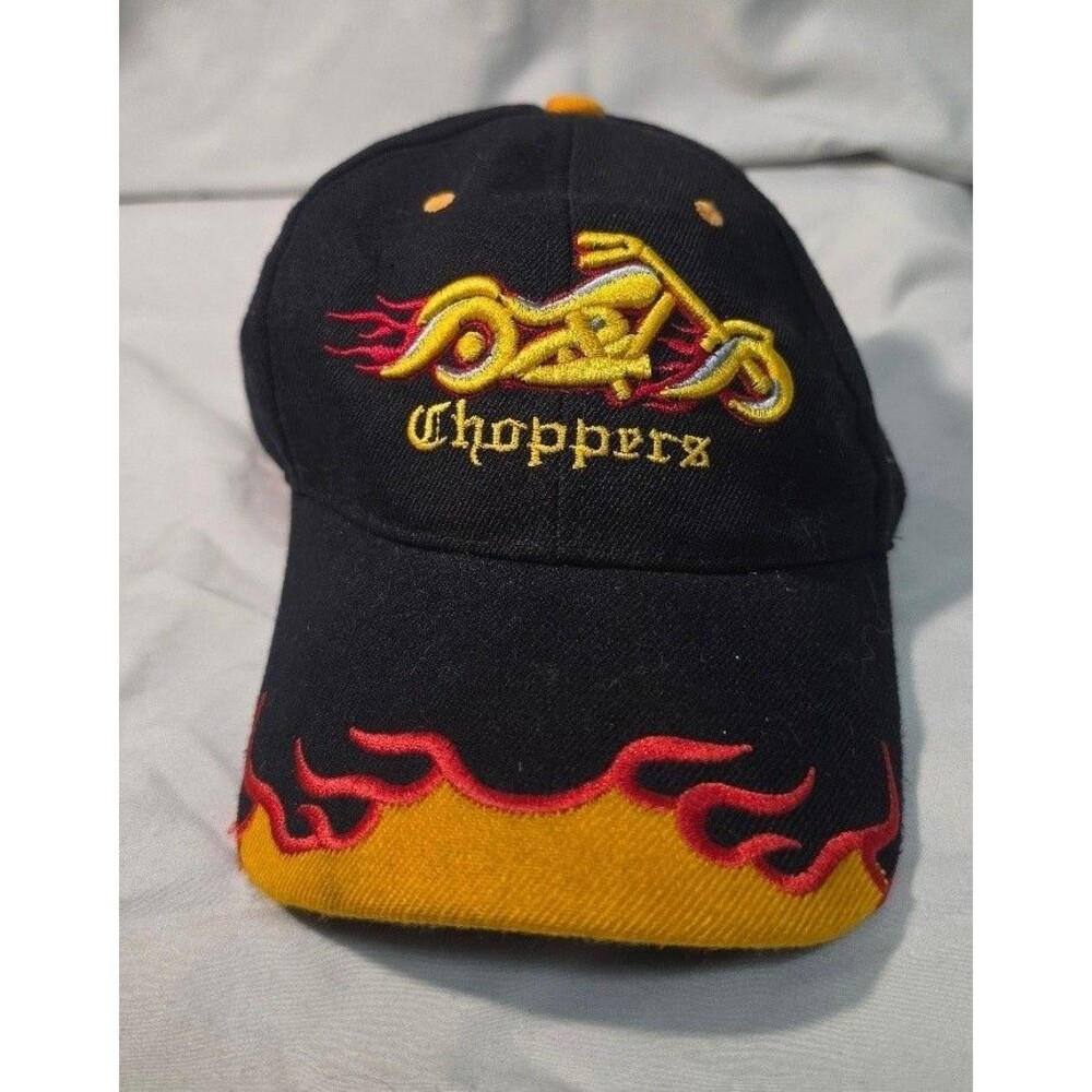 Vintage Streetwear Choppers Motorcycle Fire Flames Spell Out Hat Cap Black